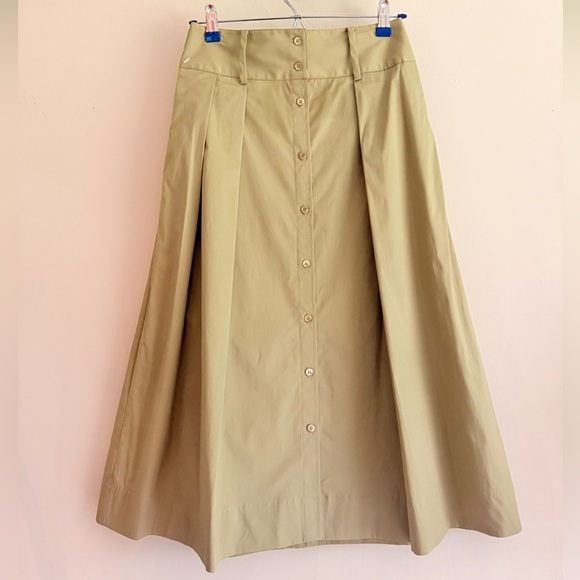 STAUD Khaki Button-Front A-Line Kingsley Midi Skirt sz 2 Pleated Stretch Cotton - Picture 1 of 8
